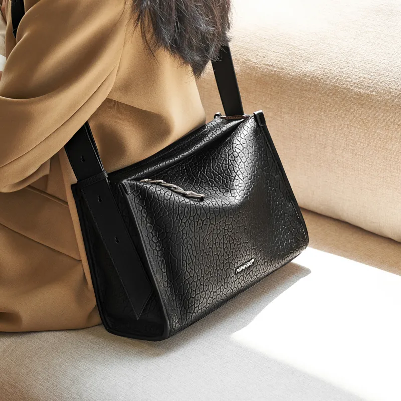 AOKANG Cow Leather Boston Bag, Pillow Bag, Tote Bag, Crossbody Bag Women's Classic Black/Milk Tea-1