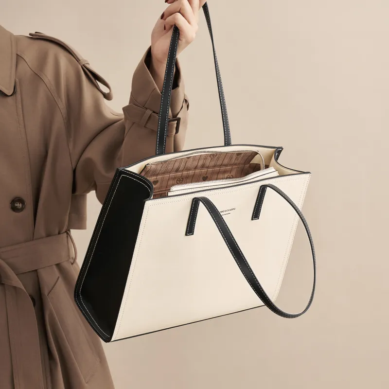 AOKANG Cow Leather Tote Bag, Shoulder Bag, Handbag Regular Women's Milkshake White & Hepburn Black-1