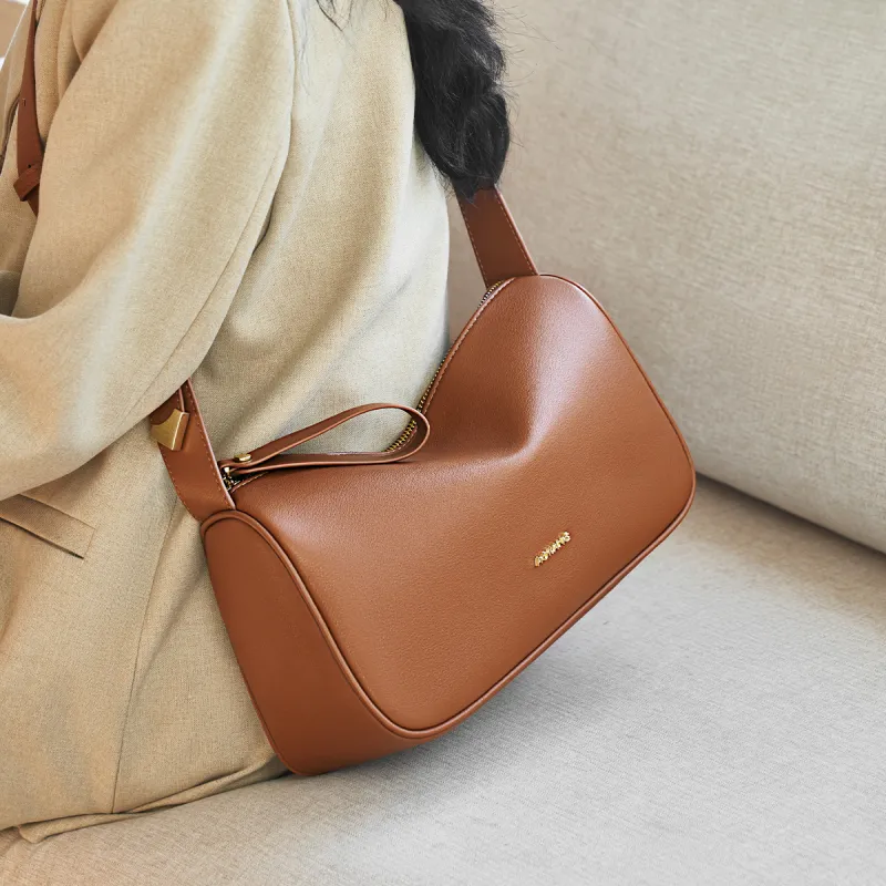 AOKANG Cow Leather With Synthetic Leather Shoulder Bag Women's Classic Black/Caramel Brown/Cream Apricot-5