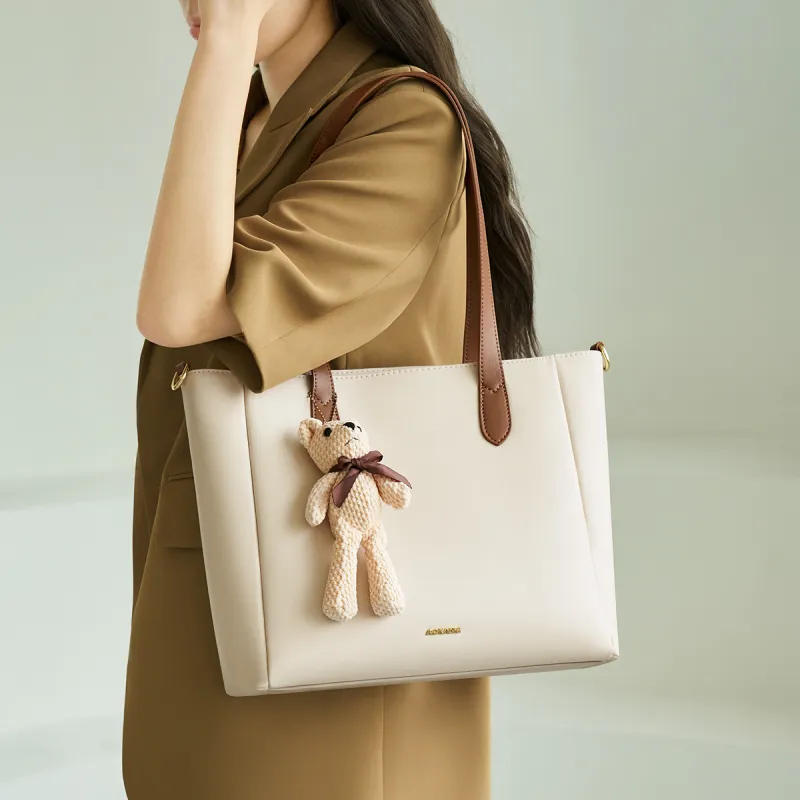 AOKANG Cow Leather With Synthetic Leather Tote Bag, Shoulder Bag, Handbag, Commuter Bag Large Size Women's Ecru-2