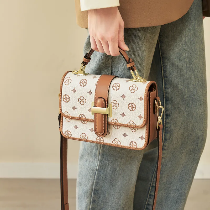 AOKANG PVC Small Square Bag, Monogram Bag, Shoulder Bag, Crossbody Bag, Handbag Regular Women's Coffee/Ecru-7