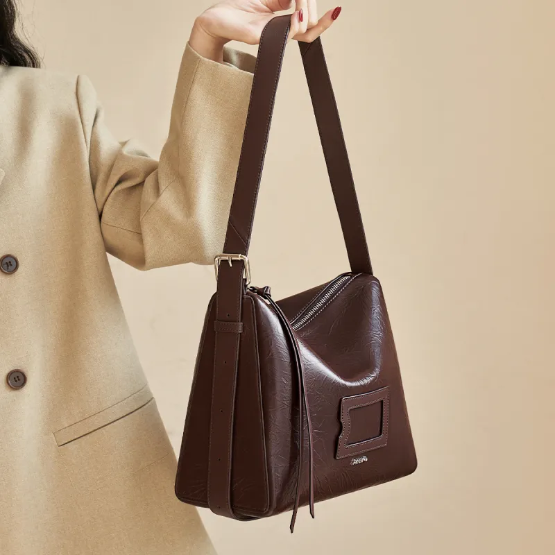 AOKANG Cow Leather Shoulder Bag Medium Size Women's Chocolate/Classic Black-2