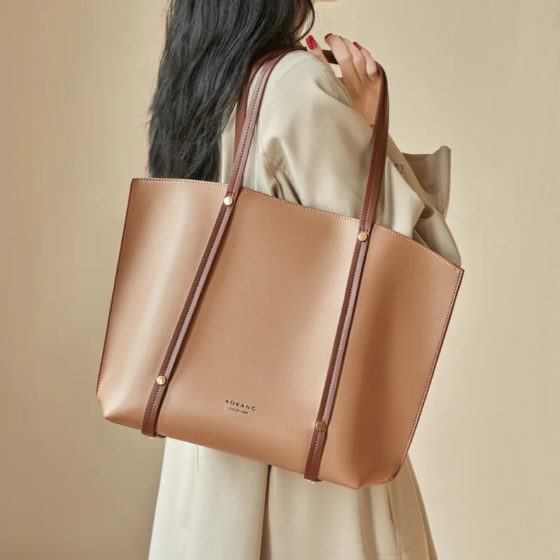 AOKANG Cow Leather With Synthetic Leather Shoulder Bag Large Size Women's Khaki/Classic Black-1