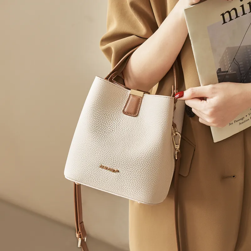 AOKANG Cow Leather Bucket Bag Handbag Armhole Shoulder Bag Commute Crossbody Bag Women's Ecru/Classic Black/Almond-2