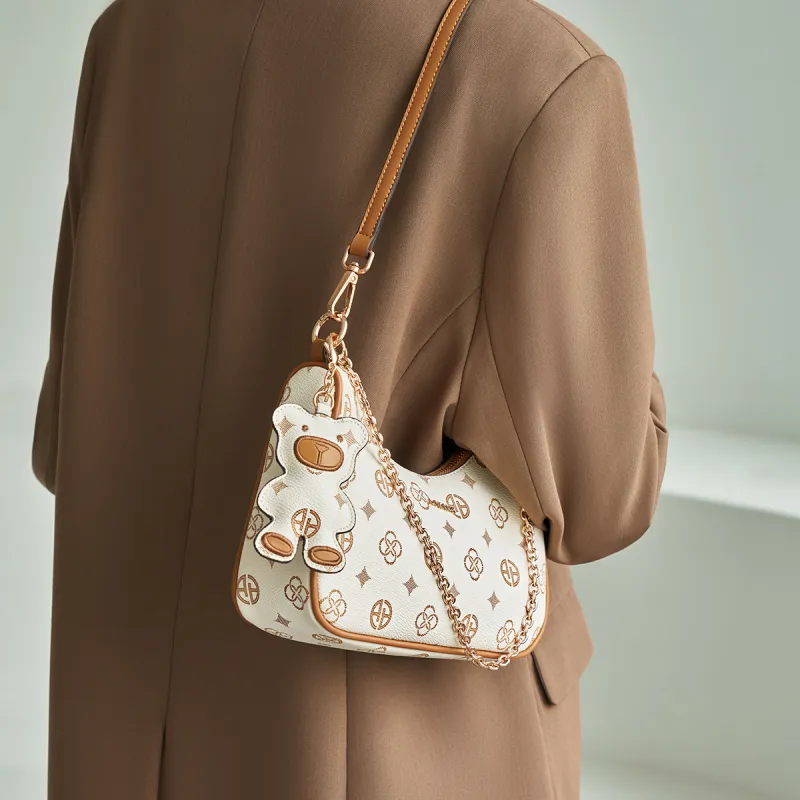 AOKANG PVC Shoulder Bag, Croissant Bag Regular Women's Coffee/Ecru-6