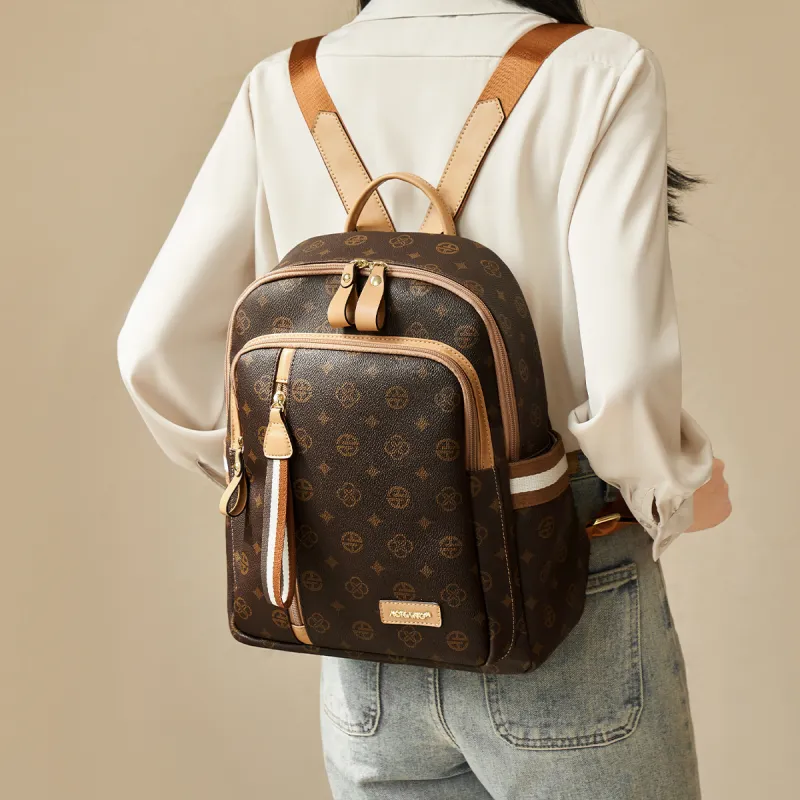 AOKANG PVC Backpack Laptop Bag Regular Women's Coffee/Ecru-2