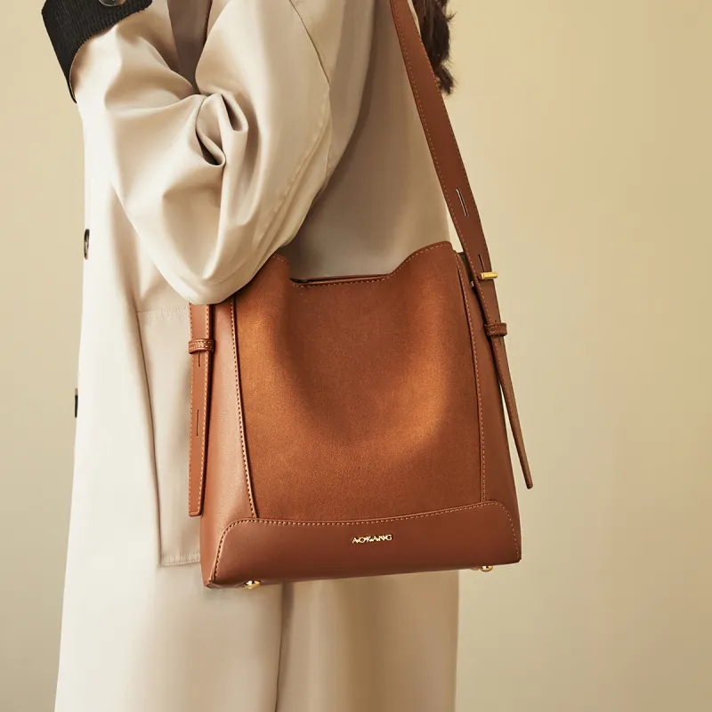 AOKANG Matte Cow Leather Bucket Bag, Shoulder Bag Medium Size Women's Caramel Brown/Dusk Gray/Cocoa Coffee-2