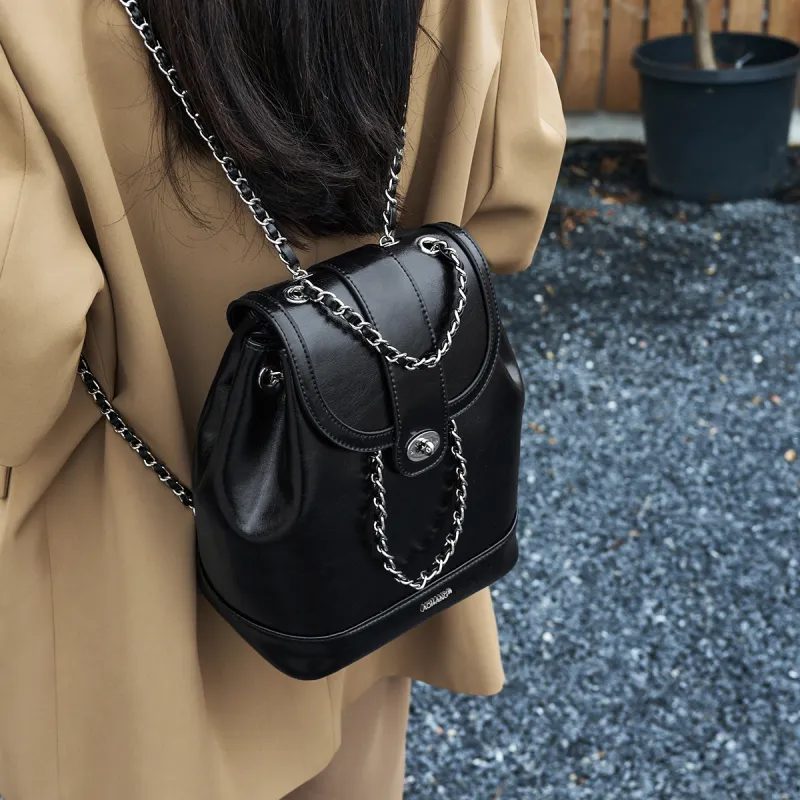 AOKANG Cow Leather With Synthetic Leather Backpack Travel Bag Small Size Women's Silver/Classic Black-6