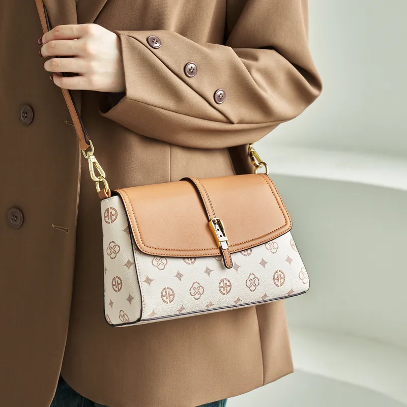 AOKANG PVC Mom Bag Shoulder Bag Small Square Bag Shoulder Bag Women's Coffee/Ecru-10