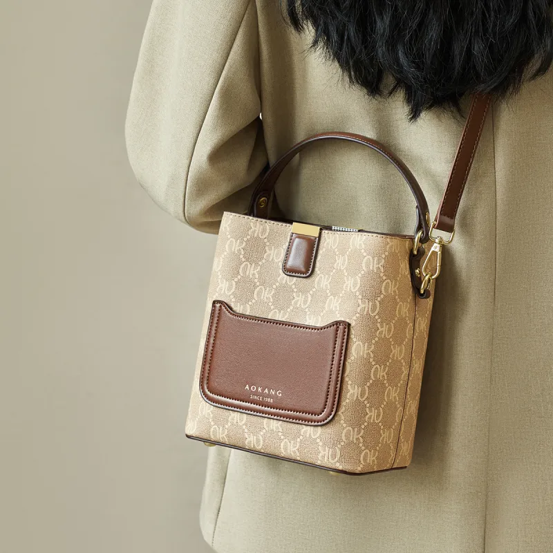 AOKANG PVC Bucket Bag, Handbag, Shoulder Bag, Crossbody Bag Regular Women's Cream Apricot/Coffee Brown-11