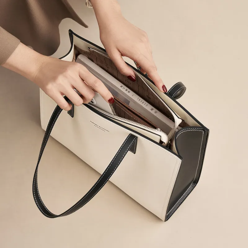 AOKANG Cow Leather Tote Bag, Shoulder Bag, Handbag Regular Women's Milkshake White & Hepburn Black-2
