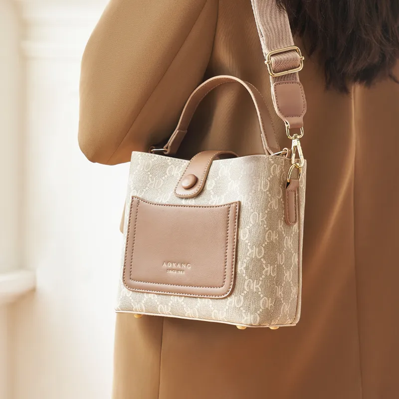 AOKANG PVC Bucket Bag, Handbag, Shoulder Bag, Crossbody Bag Regular Women's Cream Apricot/Coffee Brown-3
