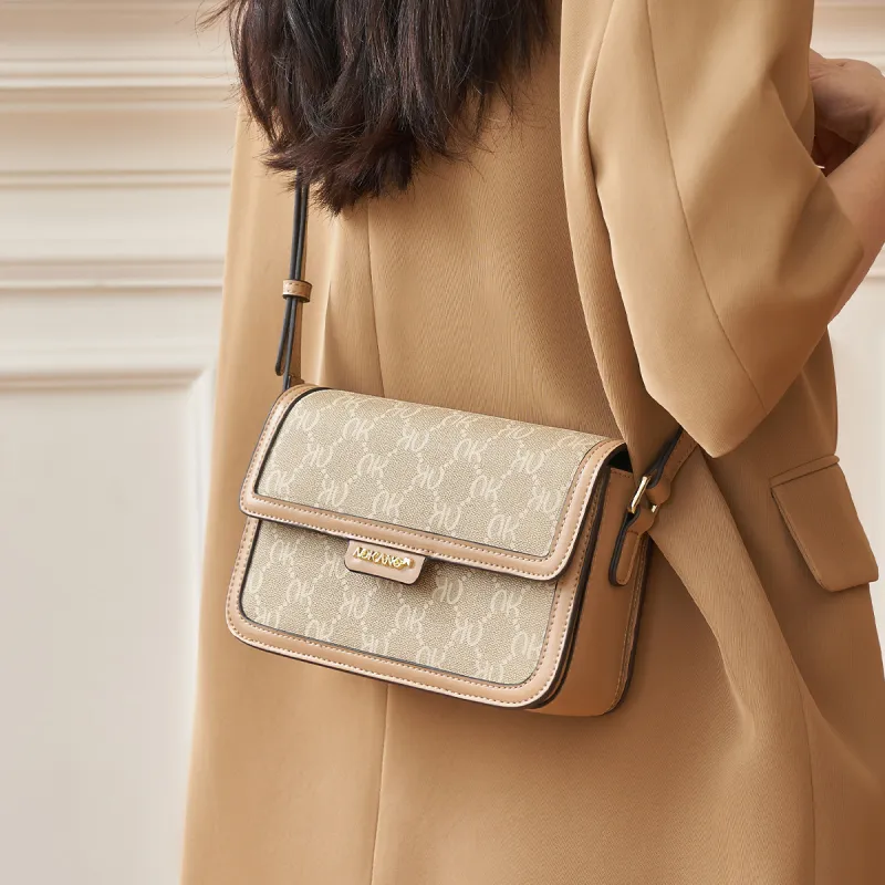 AOKANG PVC Small Square Bag Commute Tofu Bag Shoulder Bag, Crossbody Bag Regular Women's Coffee Brown/Cream Apricot-1
