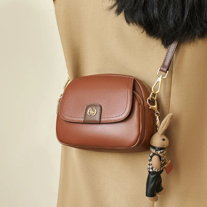 AOKANG Cow Leather Handbag Shoulder Bag Crossbody Bag Small Size Women's Caramel Brown/Milkshake White-2