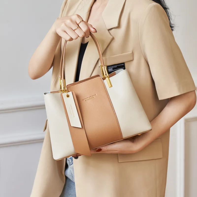 AOKANG Cow Leather Mom Bag, Tote, One Shoulder Handbag Medium Size Women's Light Coffee/Classic Black/Beige Apricot-12