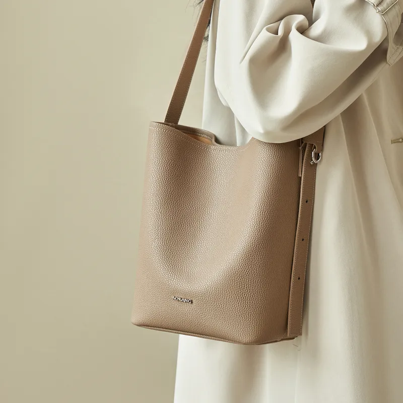 AOKANG Cow Leather Bucket Bag, Shoulder Bag Medium Size Women's Trench Gray/Cookie/Classic Black-2
