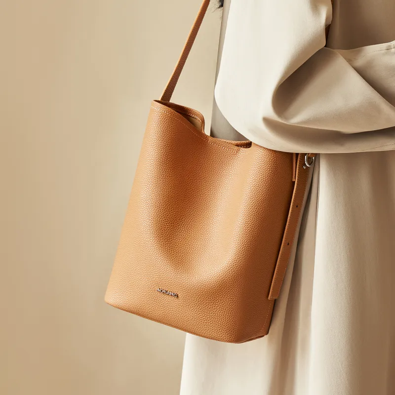 AOKANG Cow Leather Bucket Bag, Shoulder Bag Medium Size Women's Trench Gray/Cookie/Classic Black-6