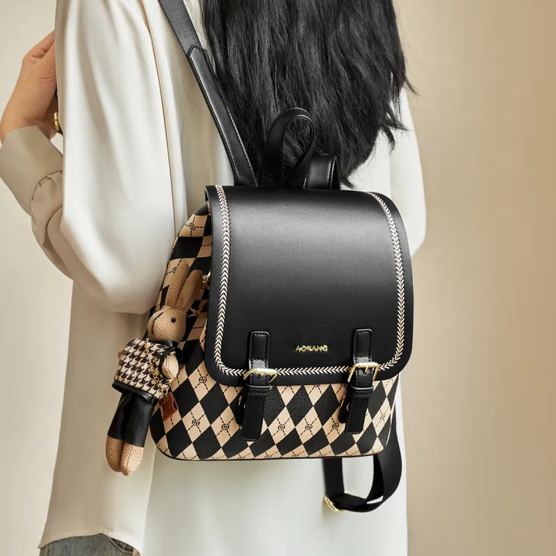 AOKANG PVC With Synthetic Leather Backpack Medium Size Women's Black/Coffee Brown/Cream Apricot-1