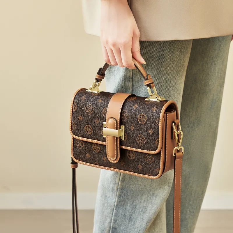 AOKANG PVC Small Square Bag, Monogram Bag, Shoulder Bag, Crossbody Bag, Handbag Regular Women's Coffee/Ecru-3