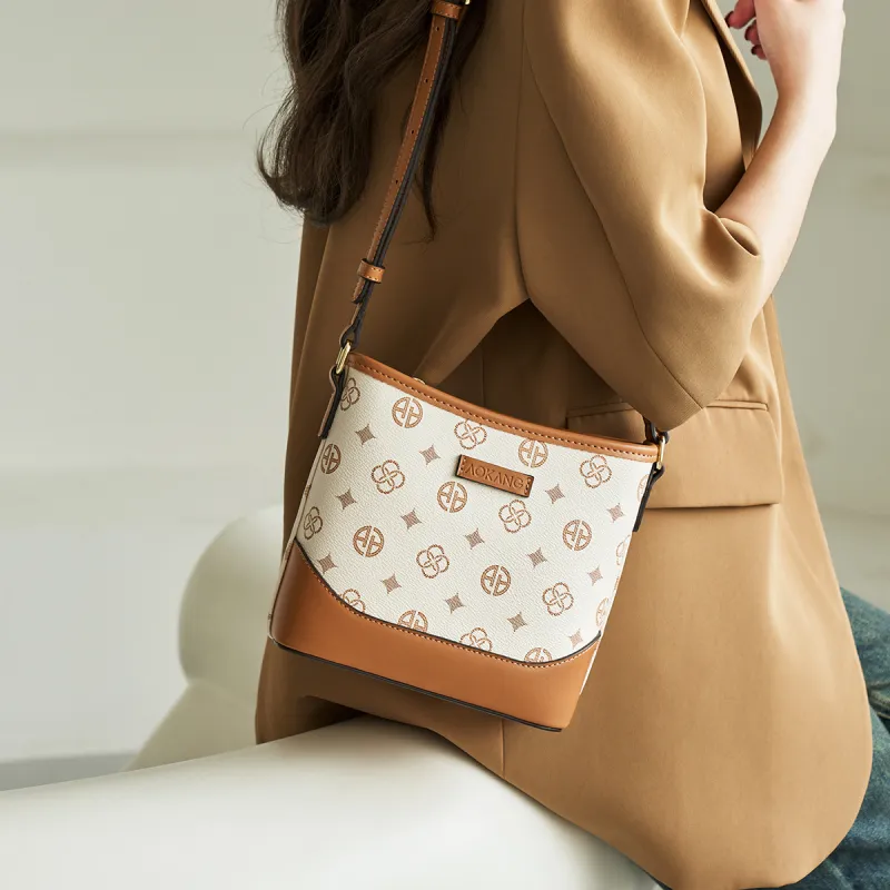 AOKANG PVC Bucket Bag, Mom Bag, Shoulder Bag Women's Coffee/Ecru-6