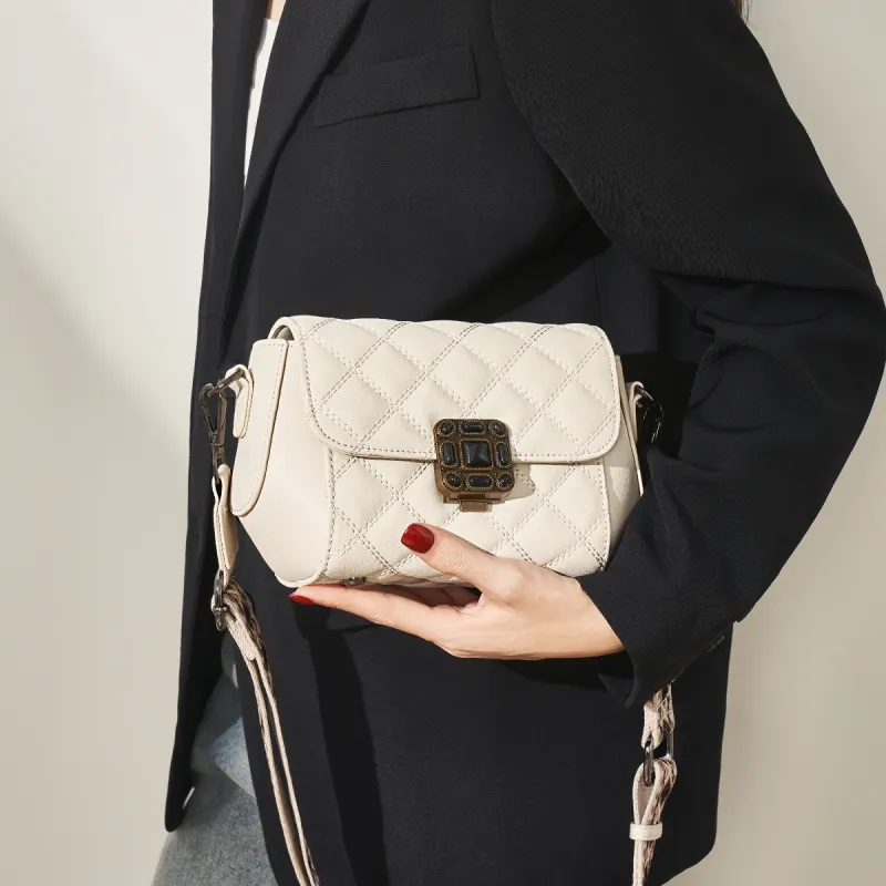 AOKANG Cow Leather Shoulder Bag, Crossbody Bag Regular Women's Elegant White/Classic Black-4
