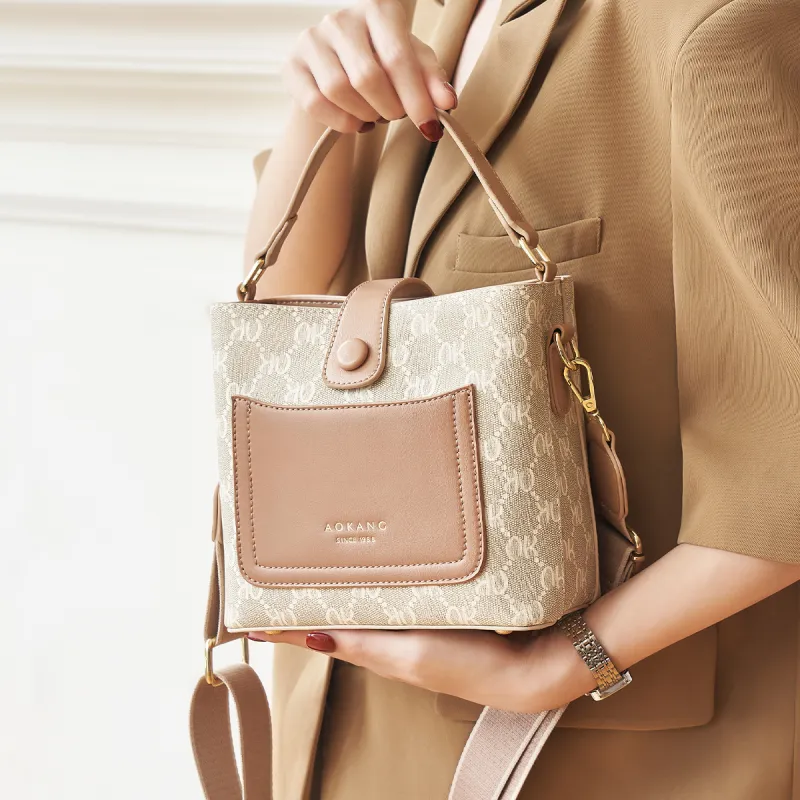 AOKANG PVC Bucket Bag, Handbag, Shoulder Bag, Crossbody Bag Regular Women's Cream Apricot/Coffee Brown-2