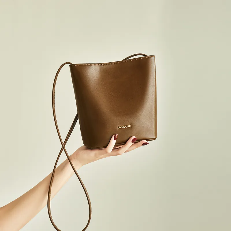 AOKANG Cow Leather Bucket Bag, Shoulder Bag, Crossbody Bag, Commuter Bag Regular Women's Mocha/Obsidian Black/Coffee-9
