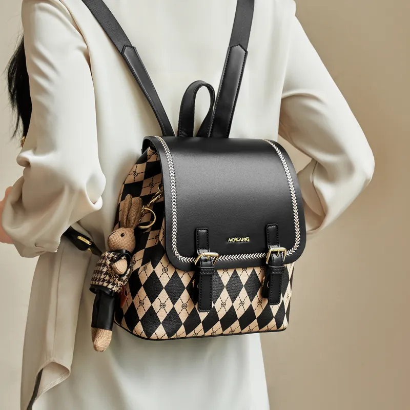 AOKANG PVC With Synthetic Leather Backpack Medium Size Women's Black/Coffee Brown/Cream Apricot-2