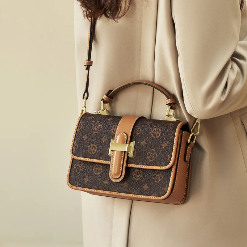 AOKANG PVC Small Square Bag, Monogram Bag, Shoulder Bag, Crossbody Bag, Handbag Regular Women's Coffee/Ecru-2