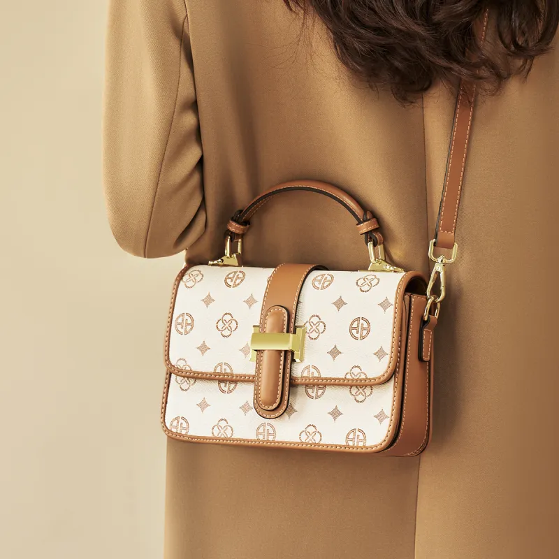 AOKANG PVC Small Square Bag, Monogram Bag, Shoulder Bag, Crossbody Bag, Handbag Regular Women's Coffee/Ecru-5