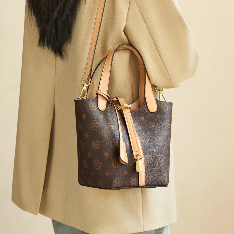 AOKANG PVC Bucket Bag, Crossbody Bag, Handbag, Shoulder Bag, Handheld Commuter Bag Small Size Women's Coffee-2