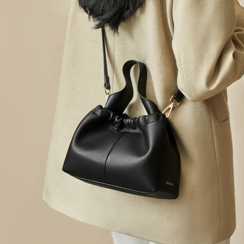 AOKANG Cow Leather Bucket Bag, Crossbody Handbag Small Size Women's Cream Apricot/Classic Black-7