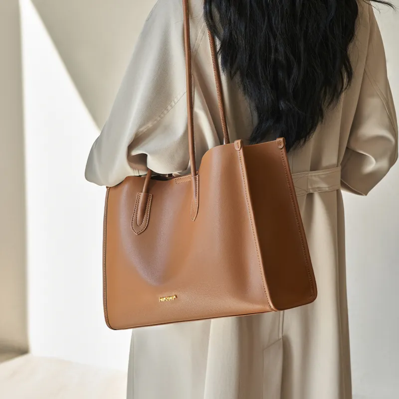 AOKANG Cow Leather Tote Bag, Schooling Bag, Commute Bag, Shoulder Bag Women's Gold Brown/Chestnut Brown/Classic Black-6