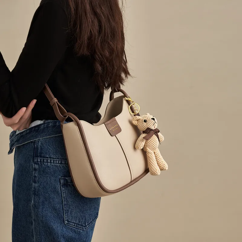 AOKANG Cow Leather Saddle Bag, Shoulder Bag, Crossbody Bag, Shoulder Bag Regular Women's White/Black/Yellow-1