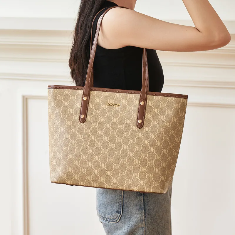 AOKANG PVC Tote Shoulder Bag, Mom Bag, Commute Bag, Shoulder Bag, Handbag Large Size Women's Coffee Brown/Cream Apricot-3