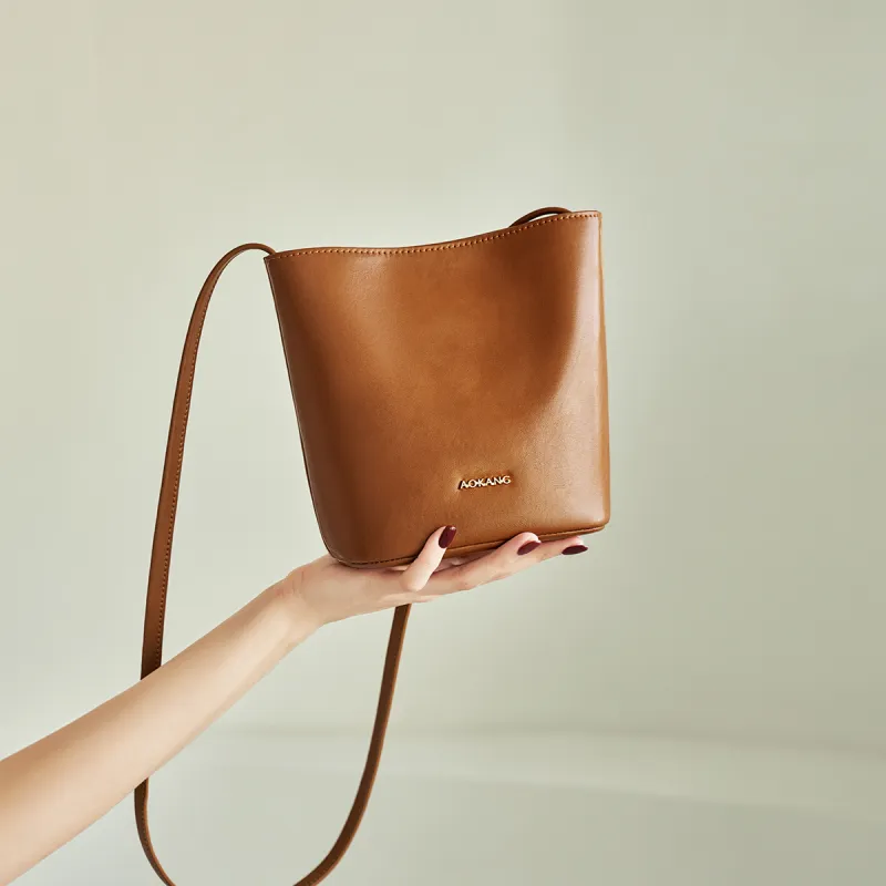 AOKANG Cow Leather Bucket Bag, Shoulder Bag, Crossbody Bag, Commuter Bag Regular Women's Mocha/Obsidian Black/Coffee-1