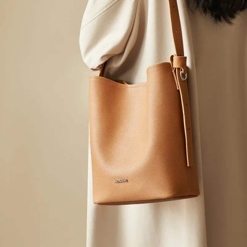 AOKANG Cow Leather Bucket Bag, Shoulder Bag Medium Size Women's Trench Gray/Cookie/Classic Black-5