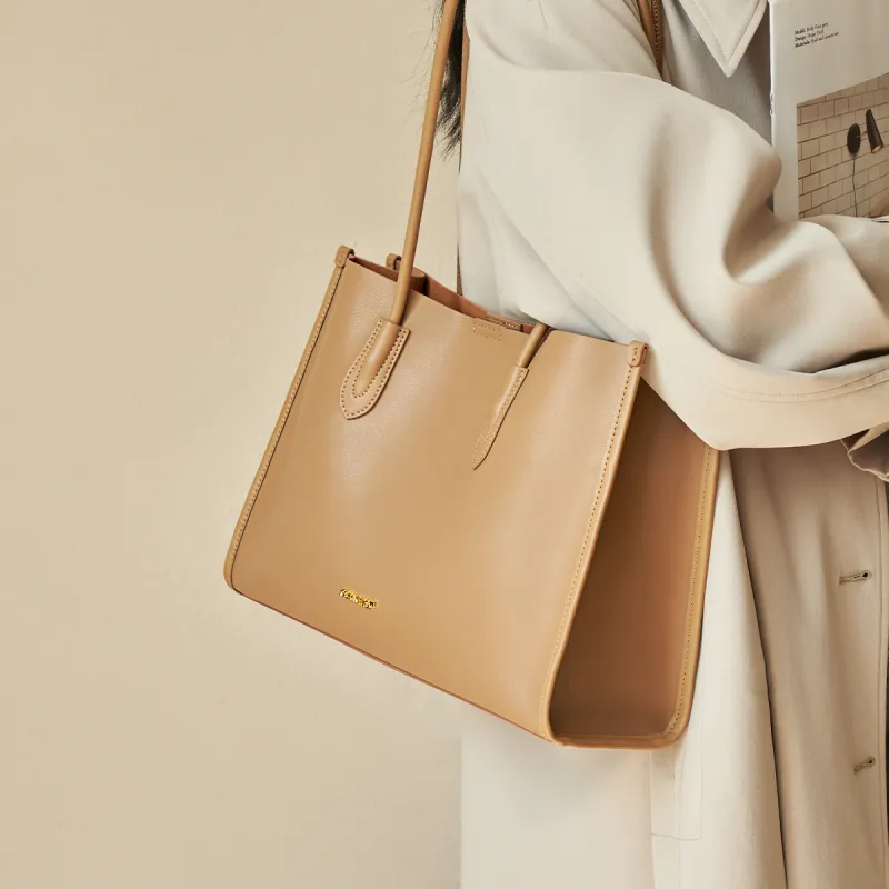 AOKANG Cow Leather Tote Bag, Schooling Bag, Commute Bag, Shoulder Bag Women's Gold Brown/Chestnut Brown/Classic Black-14