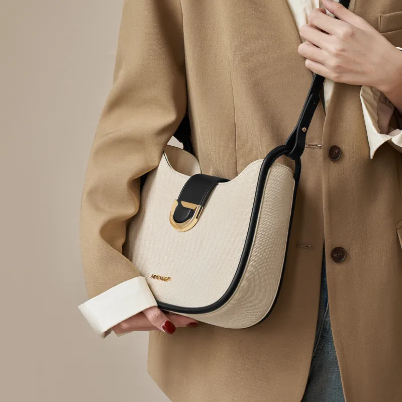 AOKANG Cow Leather Saddle Bag, Shoulder Bag, Commute Bag, Single Shoulder Bag Women's Ecru & Coffee/Ecru & Black-6