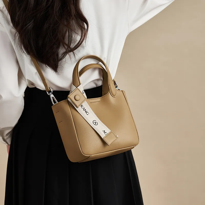 AOKANG Cow Split Leather Bucket Bag, Crossbody Bag, Handbag Regular Women's Cocoa Brown/Hepburn Black/Cream Apricot-8