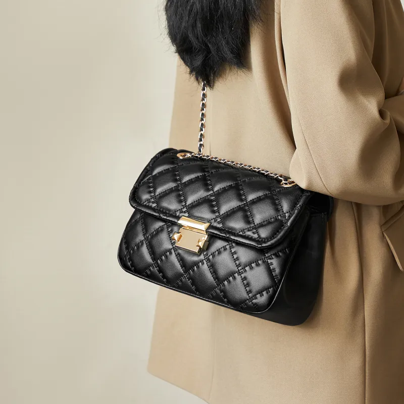 AOKANG Cow Leather Diamond Pattern Chain Bag Shoulder Bag Crossbody Bag Small Square Bag Regular Women's Hepburn Black-1