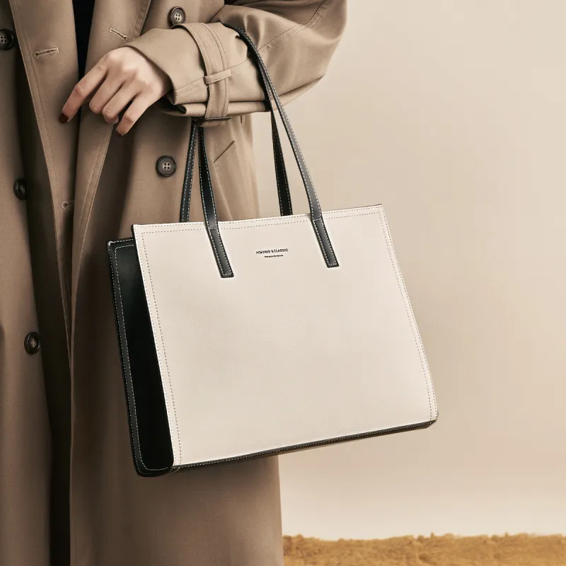 AOKANG Cow Leather Tote Bag, Shoulder Bag, Handbag Regular Women's Milkshake White & Hepburn Black-3
