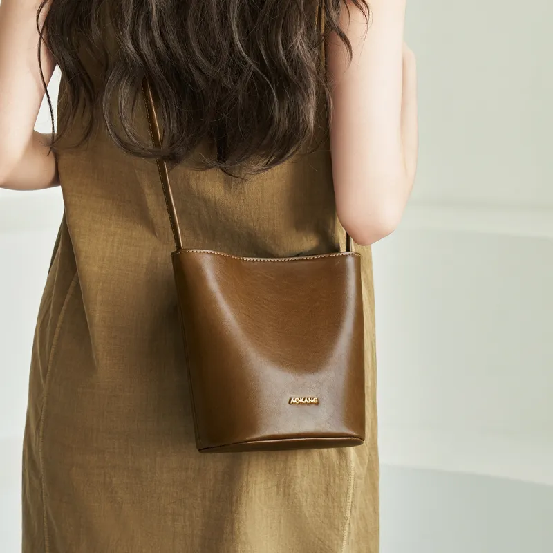 AOKANG Cow Leather Bucket Bag, Shoulder Bag, Crossbody Bag, Commuter Bag Regular Women's Mocha/Obsidian Black/Coffee-10
