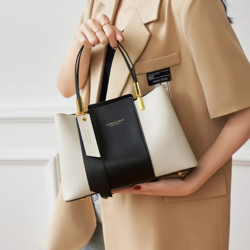 AOKANG Cow Leather Mom Bag, Tote, One Shoulder Handbag Medium Size Women's Light Coffee/Classic Black/Beige Apricot-8
