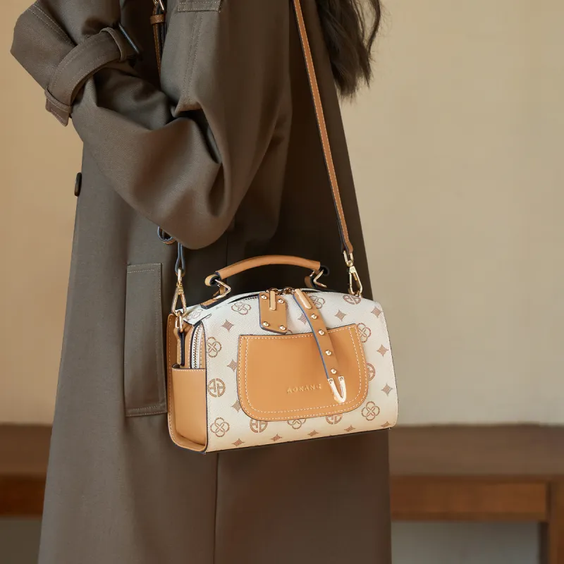 AOKANG PVC Boston Bag, One Shoulder Handbag Small Size Women's Coffee/Ecru-8