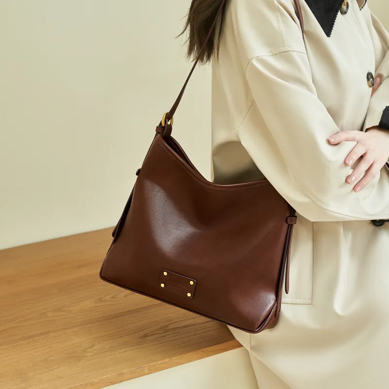 AOKANG Vegetable Tanned Cow Leather Tote Bag, Shoulder Bag, Crossbody Bag Regular Women's Coffee/Beige Apricot-1