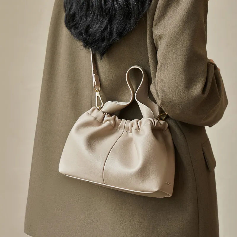 AOKANG Cow Leather Bucket Bag, Crossbody Handbag Small Size Women's Cream Apricot/Classic Black-2
