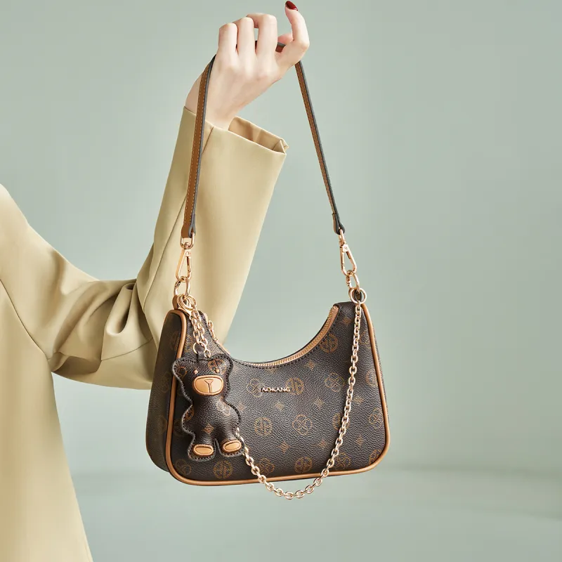 AOKANG PVC Shoulder Bag, Croissant Bag Regular Women's Coffee/Ecru-2
