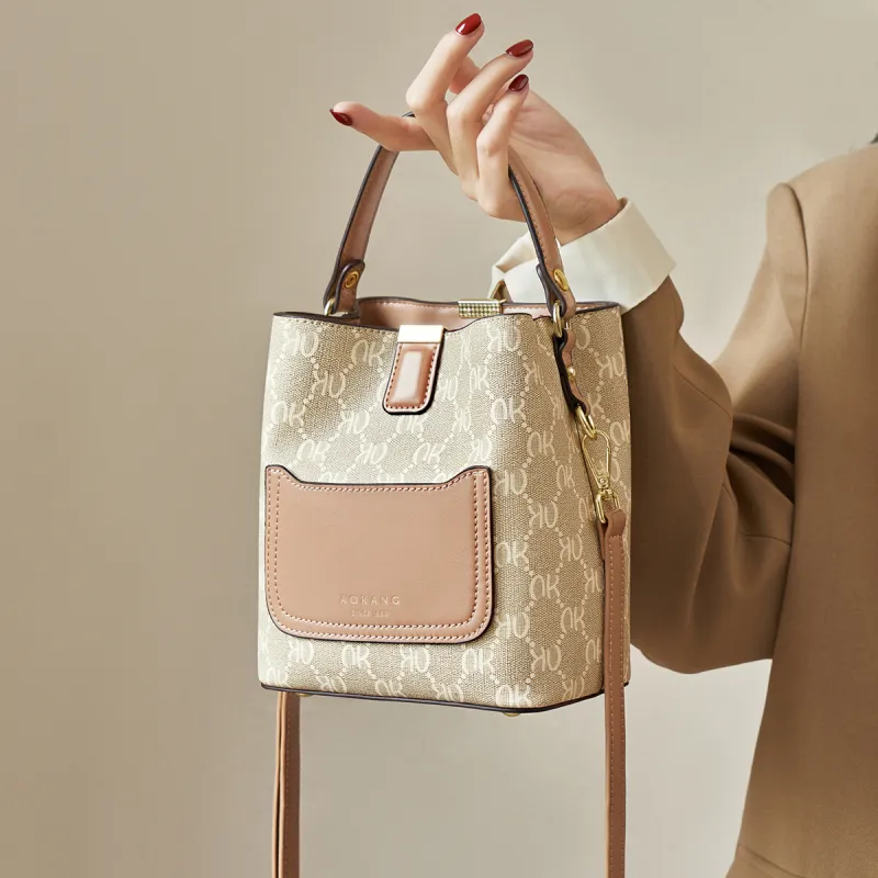 AOKANG PVC Bucket Bag, Handbag, Shoulder Bag, Crossbody Bag Regular Women's Cream Apricot/Coffee Brown-15