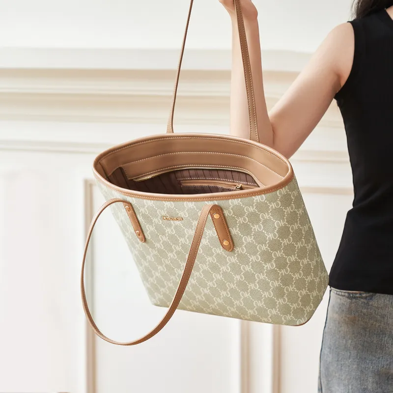 AOKANG PVC Tote Shoulder Bag, Mom Bag, Commute Bag, Shoulder Bag, Handbag Large Size Women's Coffee Brown/Cream Apricot-9